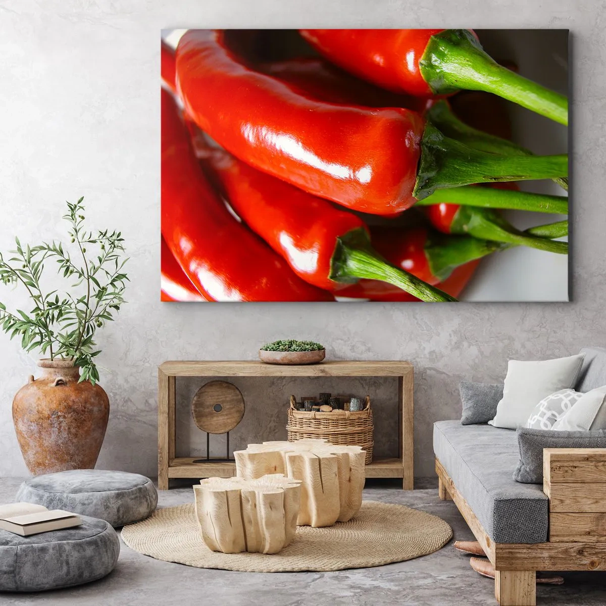 Quadro em tela - Close-up de pimentas vermelhas com talos verdes - 70x50cm - Suculento, brilhante, liso - Decoração de parede moderna para a sala de estar e quarto ARTTOR