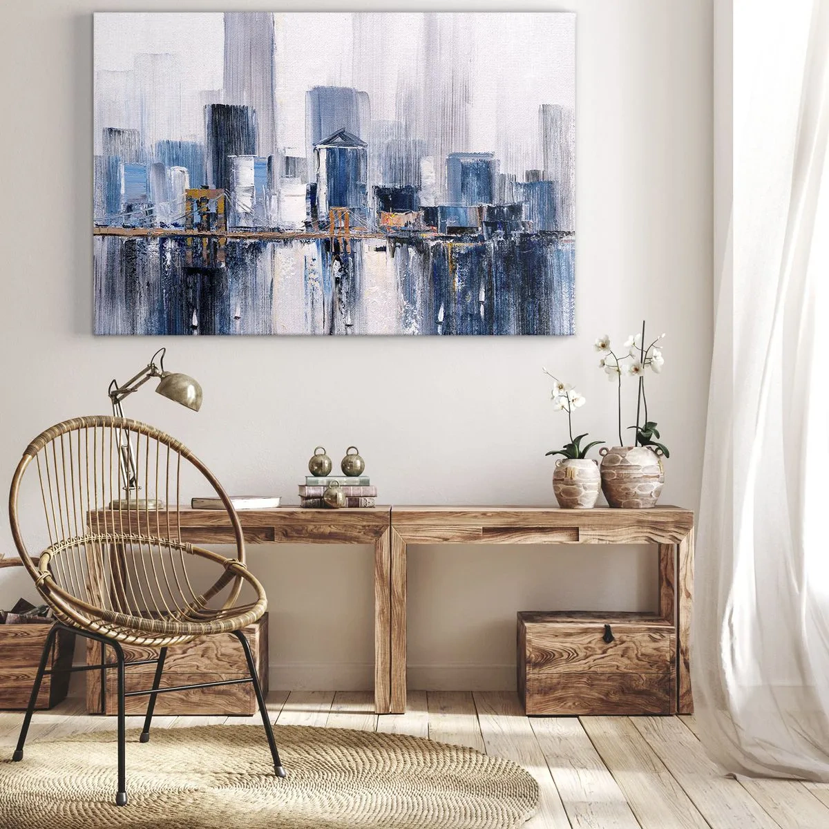 Quadro em tela - Panorama abstrato da cidade com tons de azul e amarelo - 70x50cm - Impressão de Nova York - Decoração de parede moderna para a sala de estar e quarto ARTTOR