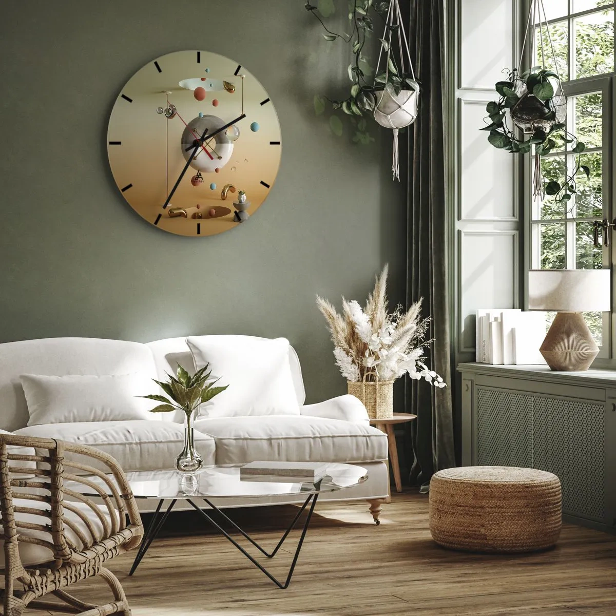 Relógio de parede - Relógio em vidro - Composição abstrata com esferas e formas geométricas - 30x30cm - Nada pode acontecer - Decoração de parede moderna para a sala de estar, cozinha e quarto ARTTOR