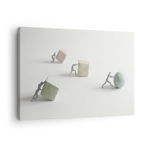 Quadro em tela - Figuras em miniatura empurrando formas contra um fundo claro - 70x50cm - É a vida - Decoração de parede moderna para a sala de estar e quarto ARTTOR