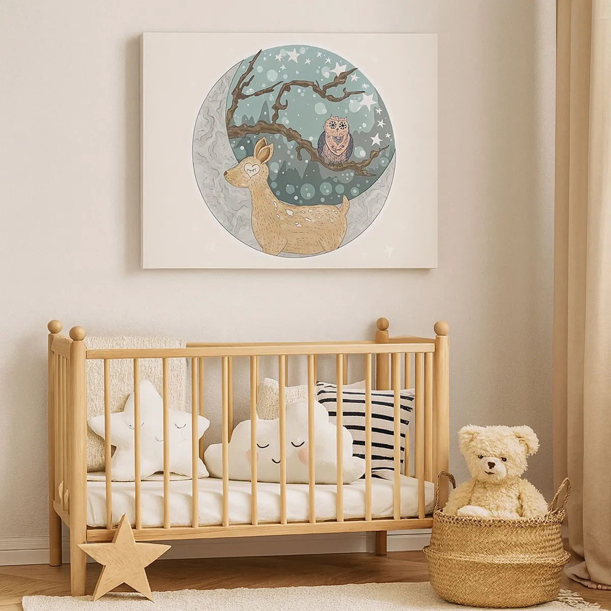 Quadro em tela - Um veado e uma coruja em uma paisagem noturna de conto de fadas - 70x50cm - Noite na floresta como em um conto de fadas - Decoração de parede moderna para a sala de estar e quarto ARTTOR