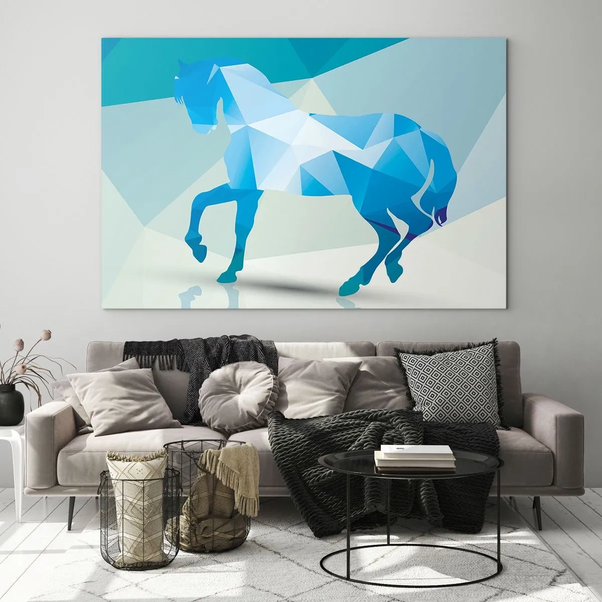 Quadro em vidro - Cavalo geométrico em tons de azul e branco - 70x50cm - Cavalo geométrico em turquesa - Decoração de parede moderna para a sala de estar e quarto ARTTOR