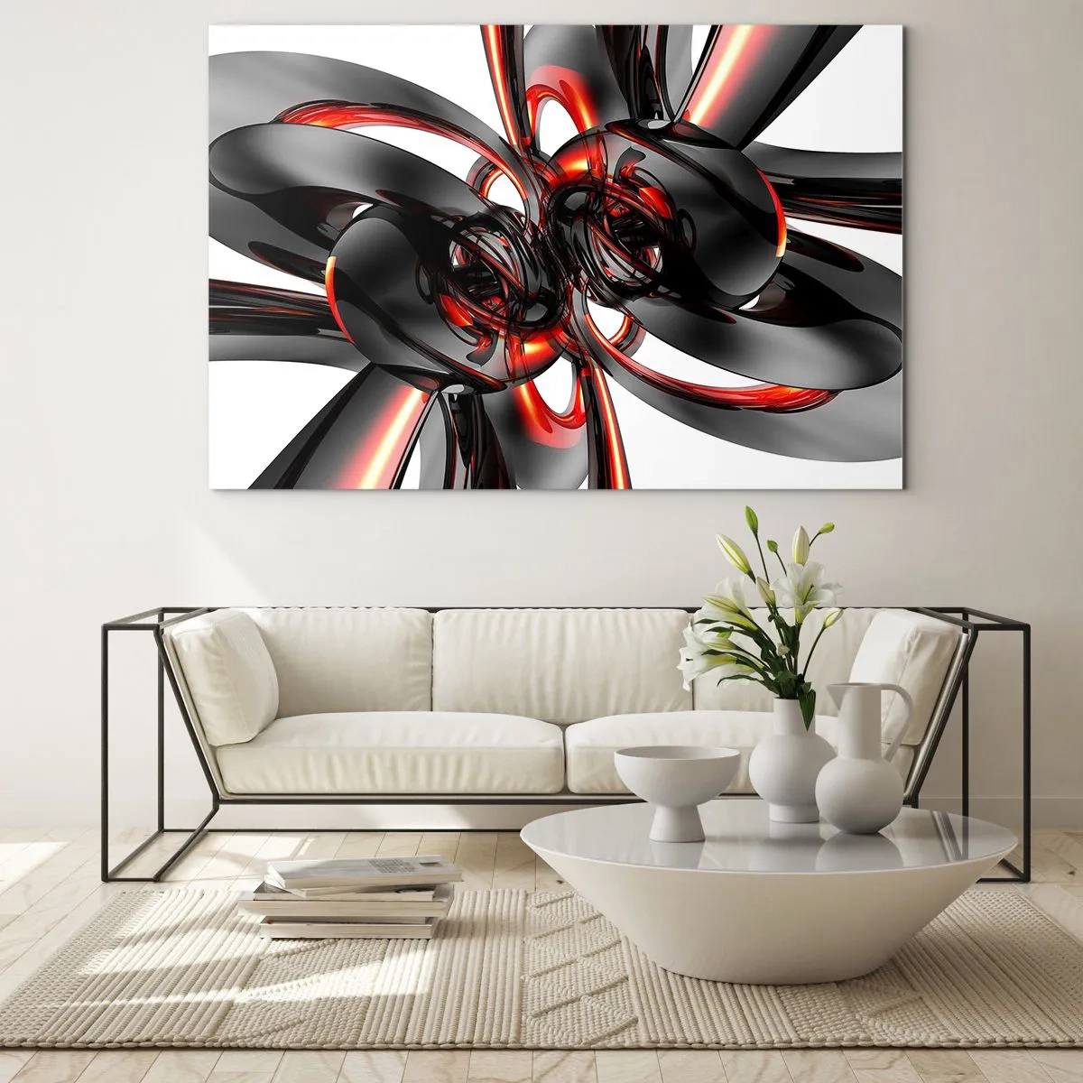 Quadro em vidro - Abstração moderna em preto e vermelho - 70x50cm - Movimento em grafite e vermelho - Decoração de parede moderna para a sala de estar e quarto ARTTOR
