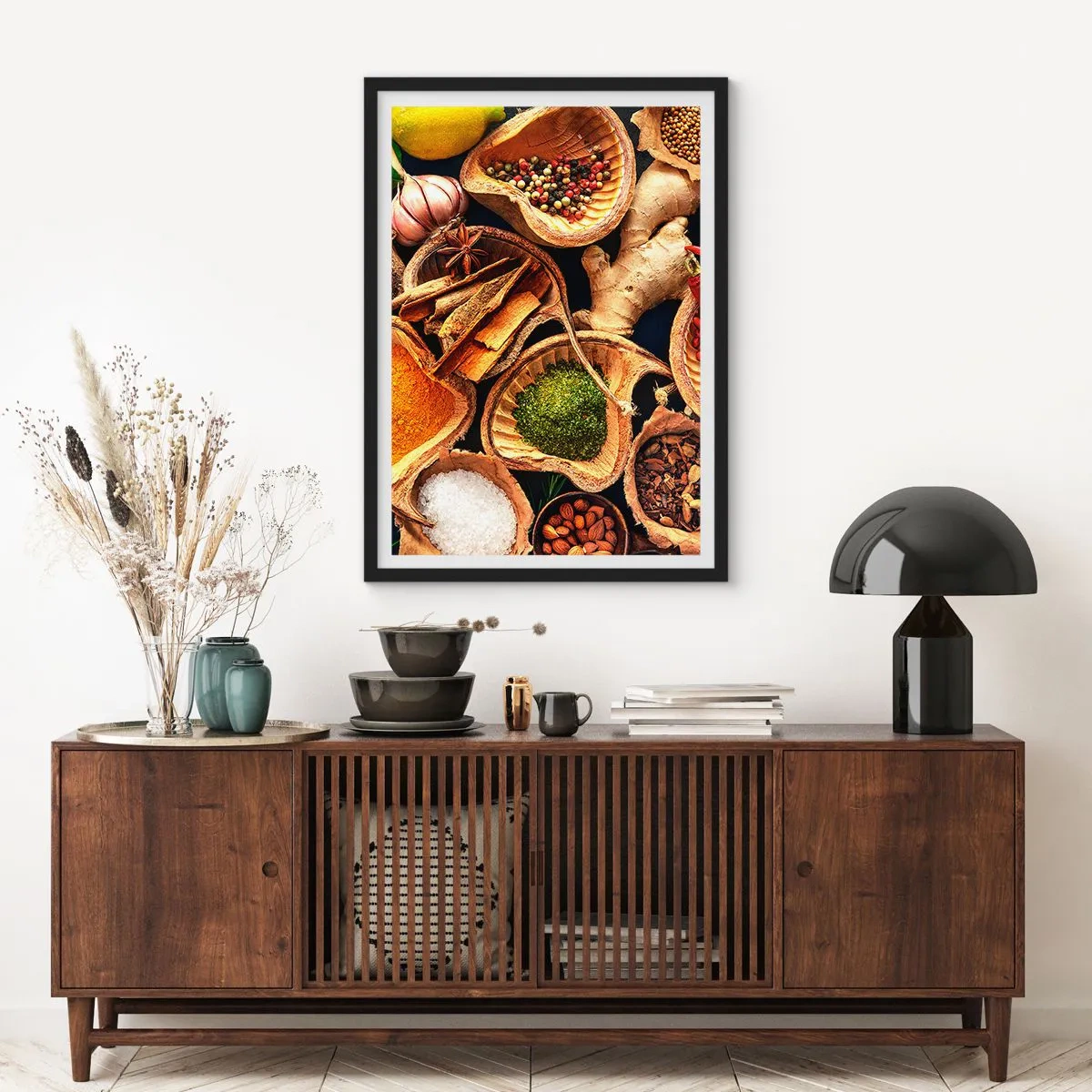 Pôster com moldura preta - Close-up de especiarias em recipientes naturais - 50x70cm - Leve o que quiser - Decoração de parede moderna para a sala de estar e quarto ARTTOR