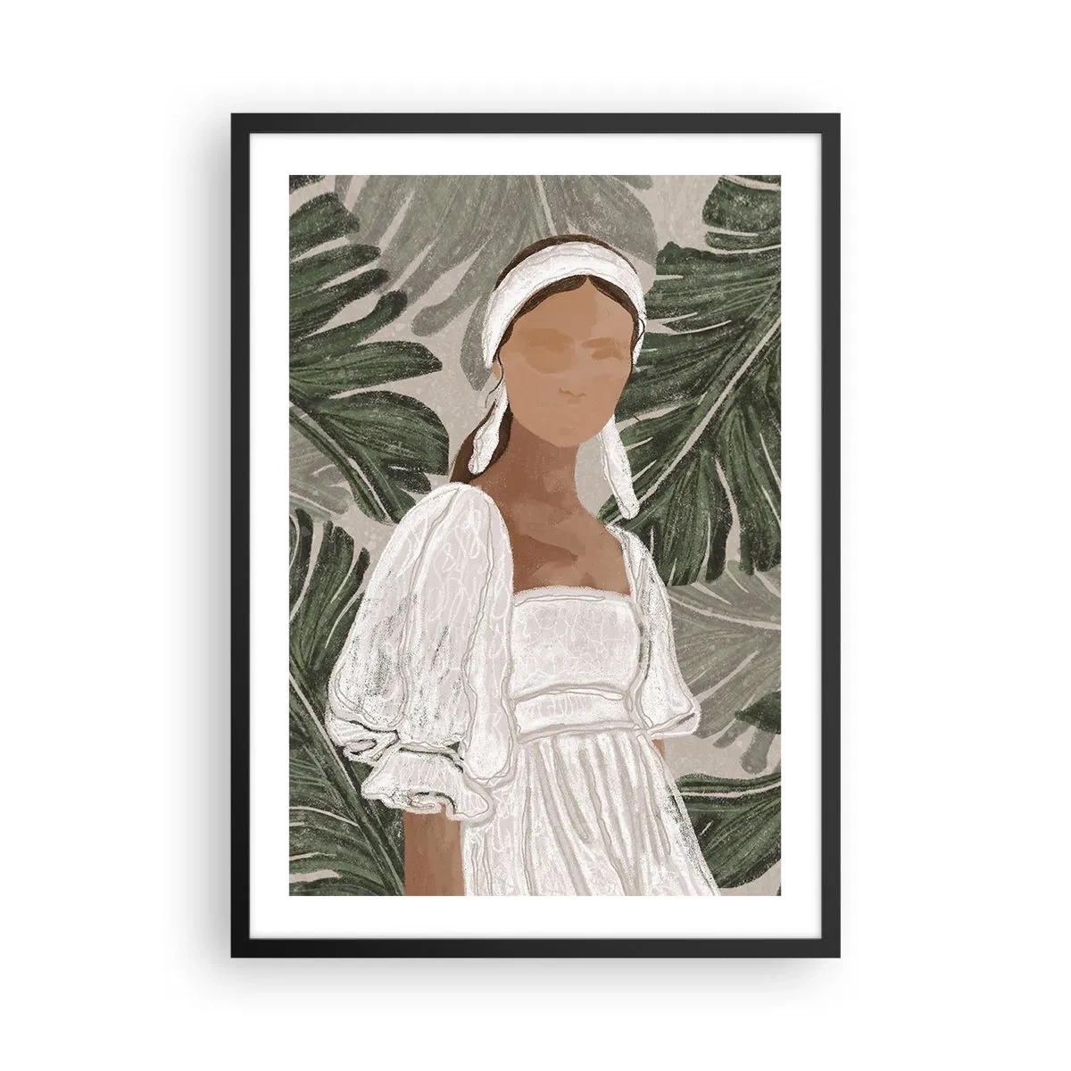 Pôster com moldura preta - Uma mulher de vestido branco sobre um fundo de folhas verdes - 50x70cm - Retrato exótico - Decoração de parede moderna para a sala de estar e quarto ARTTOR