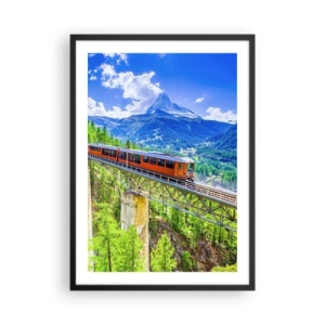 Pôster com moldura preta - Um trem em uma ponte nos Alpes com vista para o Matterhorn - 50x70cm - Hora dos Alpes - Decoração de parede moderna para a sala de estar e quarto ARTTOR