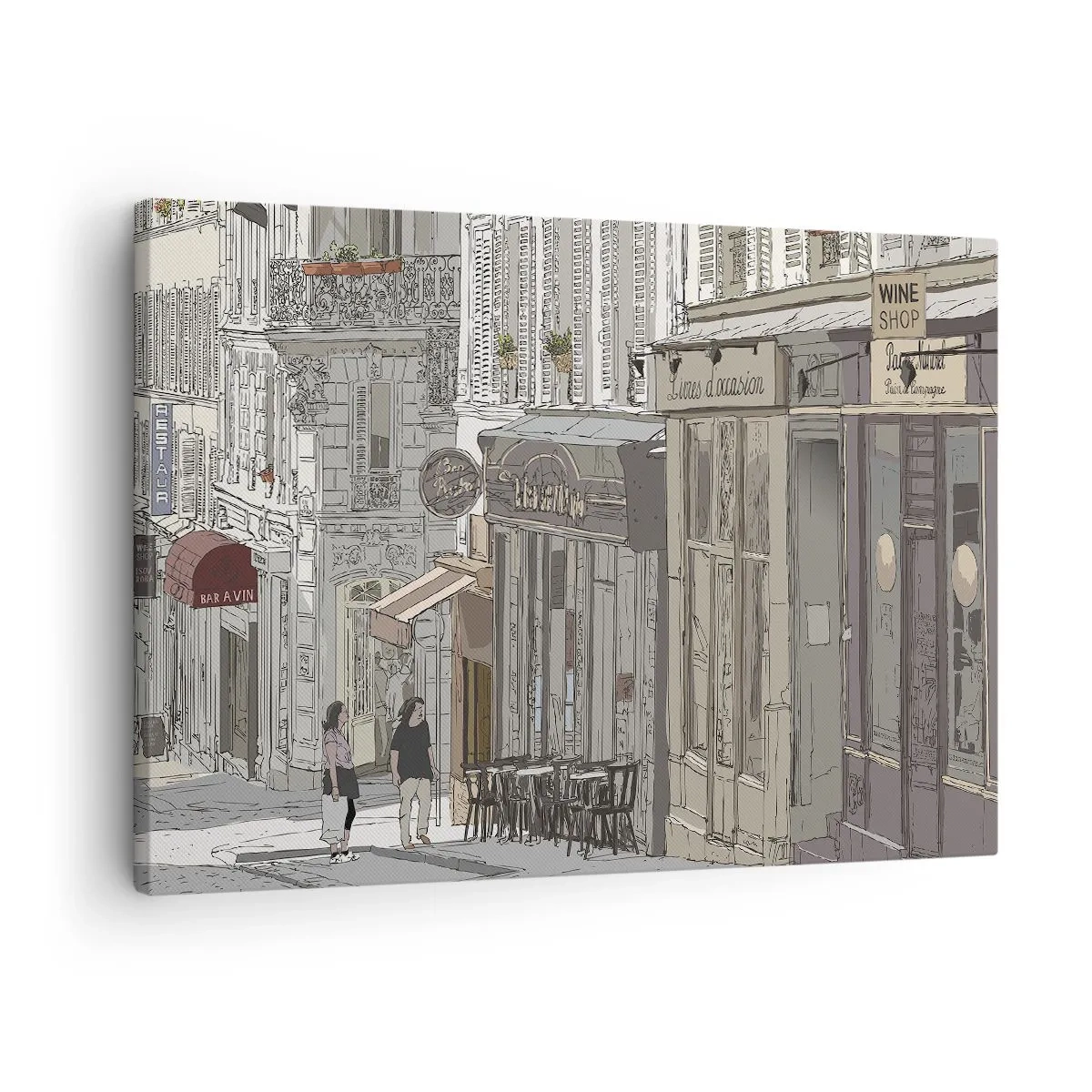 Quadro em tela - Ilustração de uma rua da cidade com cafés e lojas - 70x50cm - Alegrias urbanas - Decoração de parede moderna para a sala de estar e quarto ARTTOR