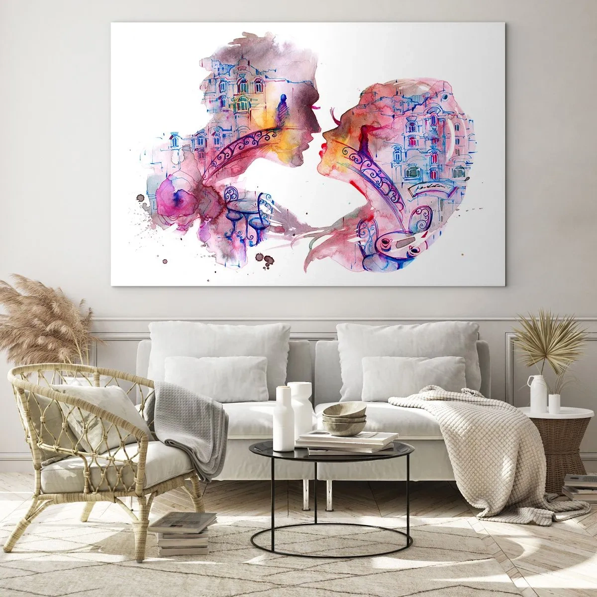 Quadro em vidro - Ilustração de um retrato abstrato de duas pessoas em forma de coração - 70x50cm - A ponte secreta dos suspiros - Decoração de parede moderna para a sala de estar e quarto ARTTOR