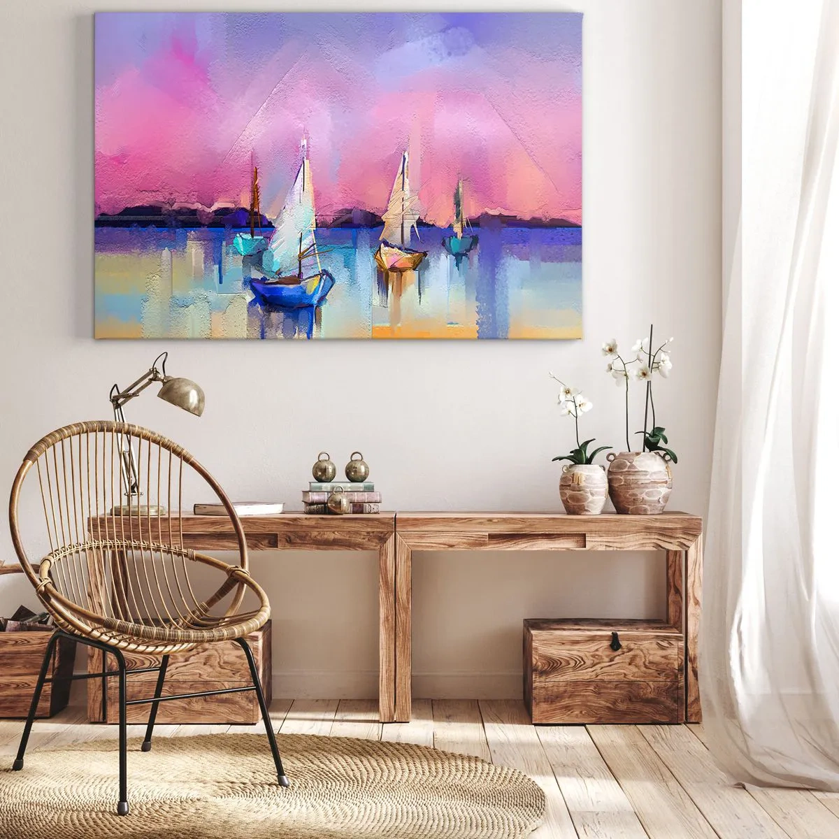 Quadro em tela - Veleiros em um mar calmo nas cores pastéis do pôr do sol - 70x50cm - Direção: águas largas - Decoração de parede moderna para a sala de estar e quarto ARTTOR