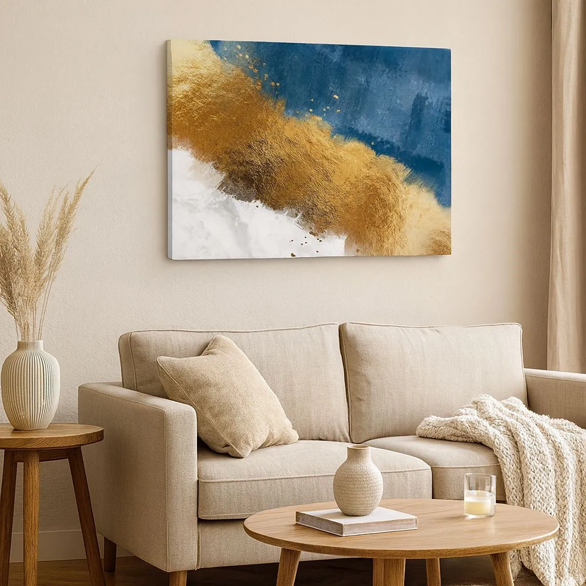 Quadro em tela - Uma composição abstrata em tons de dourado, azul e branco. - 70x50cm - As cores do verão - Decoração de parede moderna para a sala de estar e quarto ARTTOR