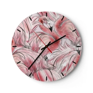Relógio de parede - Relógio em vidro - Flamingos cor-de-rosa em uma composição artística e dinâmica - 30x30cm - Bird corps de ballet - Decoração de parede moderna para a sala de estar, cozinha e quarto ARTTOR