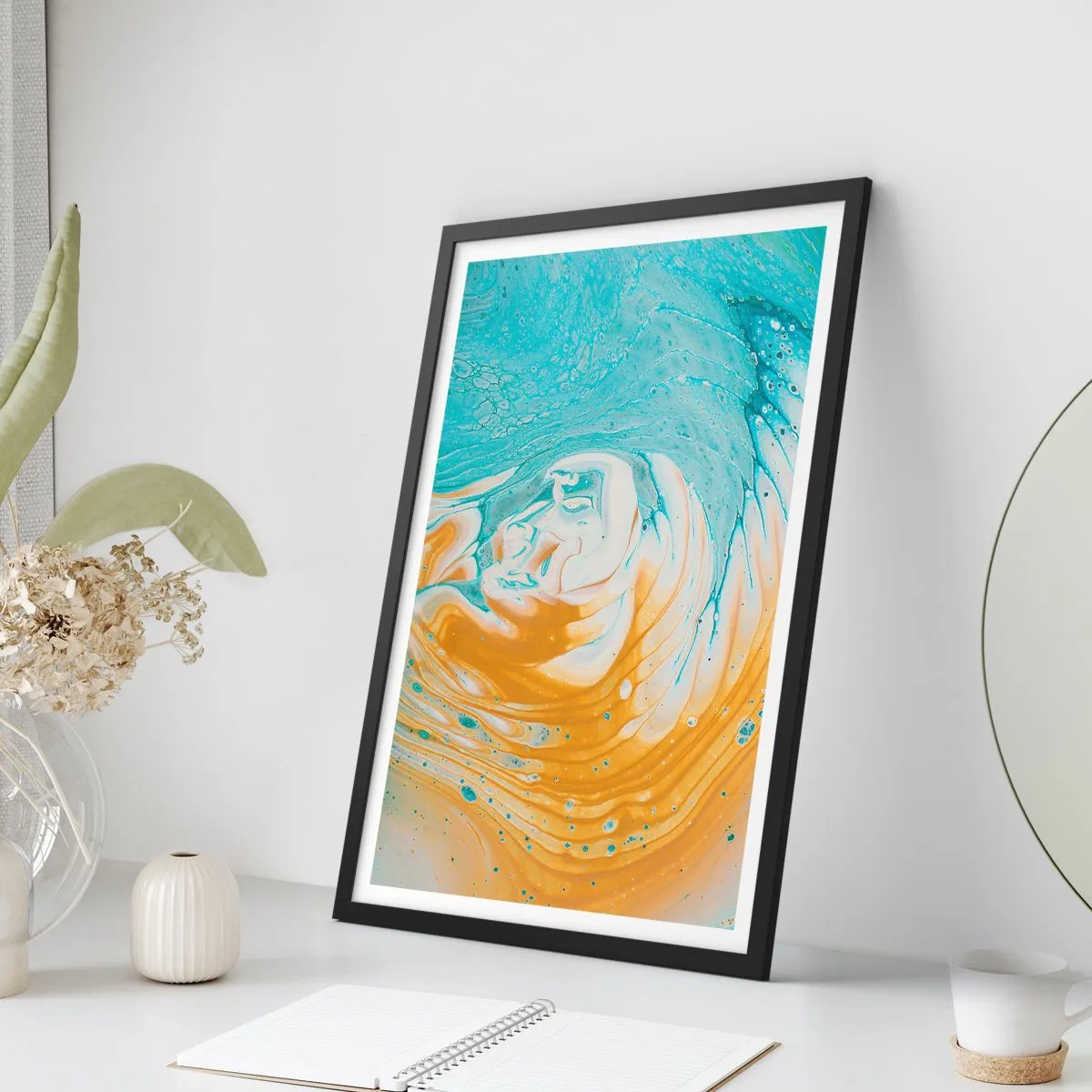 Pôster com moldura preta - Redemoinho abstrato em tons de azul e laranja - 50x70cm - Vórtice em pastel - Decoração de parede moderna para a sala de estar e quarto ARTTOR