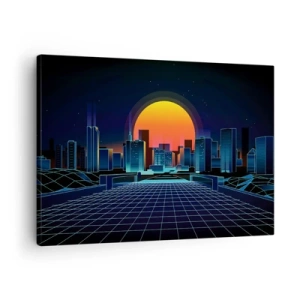 Quadro em tela - Horizonte urbano futurista em estilo neon - 70x50cm - Ainda quer ir para o mundo real? - Decoração de parede moderna para a sala de estar e quarto ARTTOR
