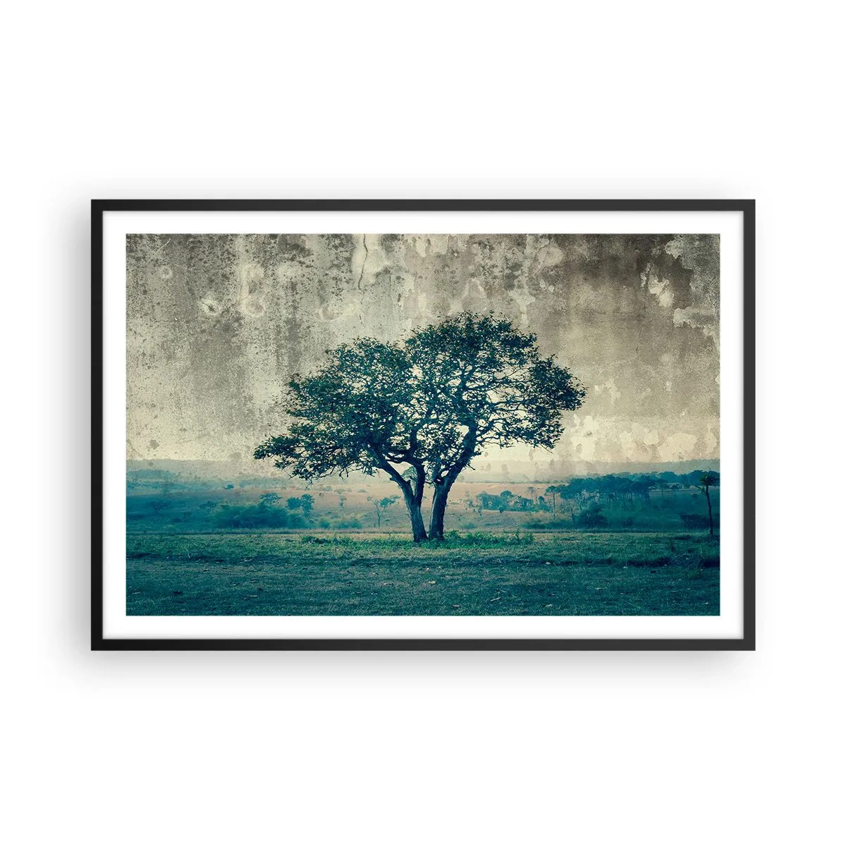 Pôster com moldura preta - Uma macieira num prado azul? - 91x61 cm