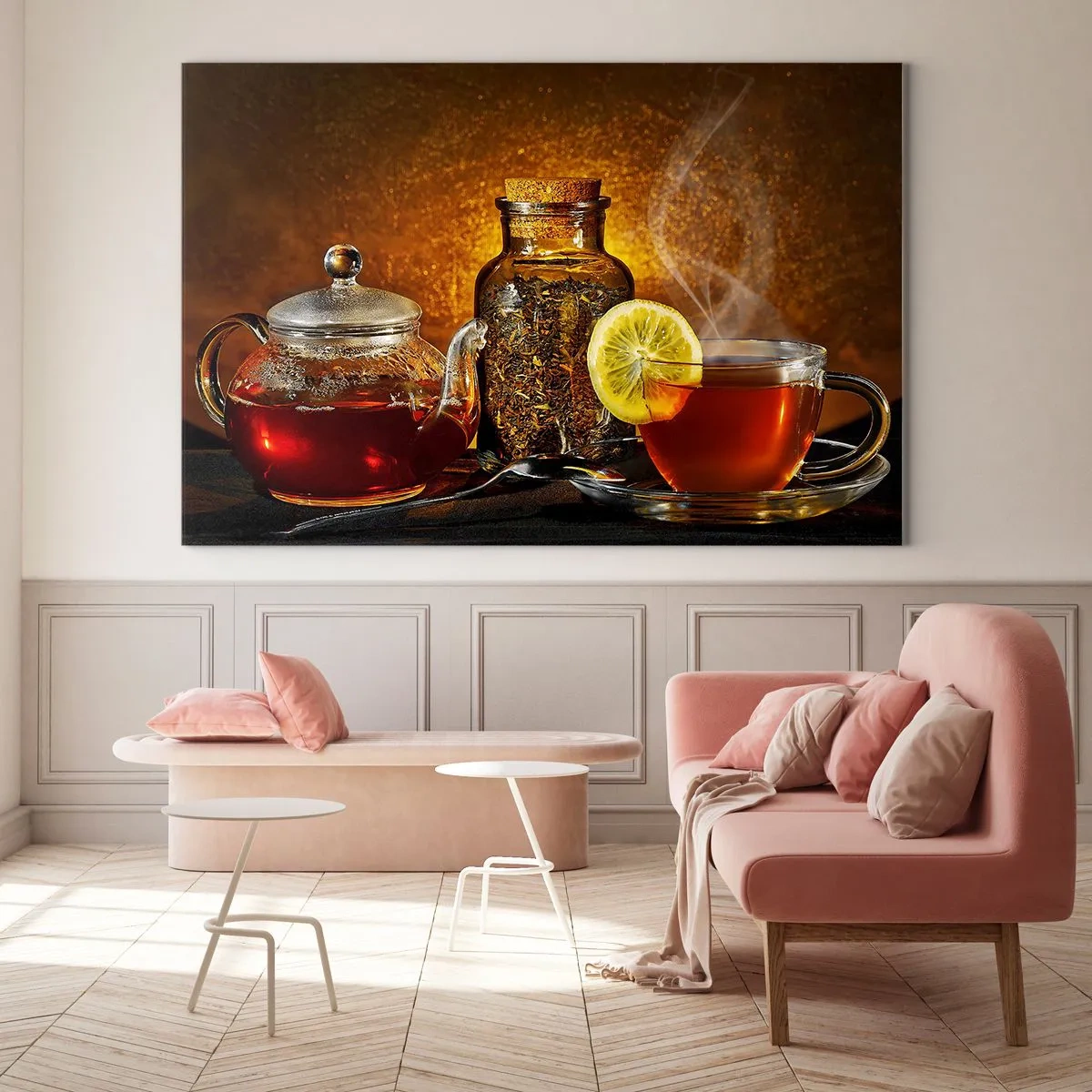 Quadro em vidro - Um bule de vidro e uma xícara de chá com limão - 70x50cm - Ao estilo dos mestres holandeses - Decoração de parede moderna para a sala de estar e quarto ARTTOR