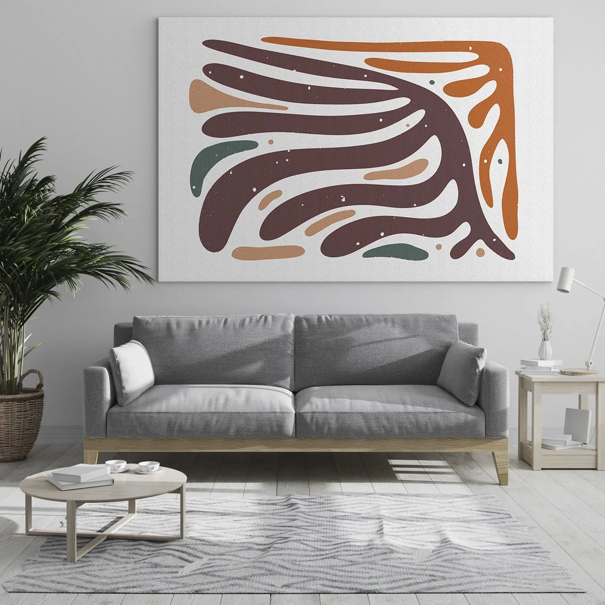Quadro em vidro - Formas abstratas em tons de marrom e laranja irradiando sobre um fundo branco - 70x50cm - Composição orgánica radiante - Decoração de parede moderna para a sala de estar e quarto ARTTOR