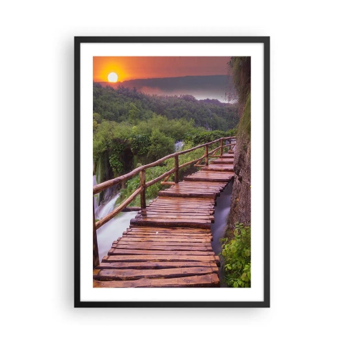 Pôster com moldura preta - Uma ponte de madeira entre a vegetação e o pôr do sol - 50x70cm - Beleza inacreditável - Decoração de parede moderna para a sala de estar e quarto ARTTOR
