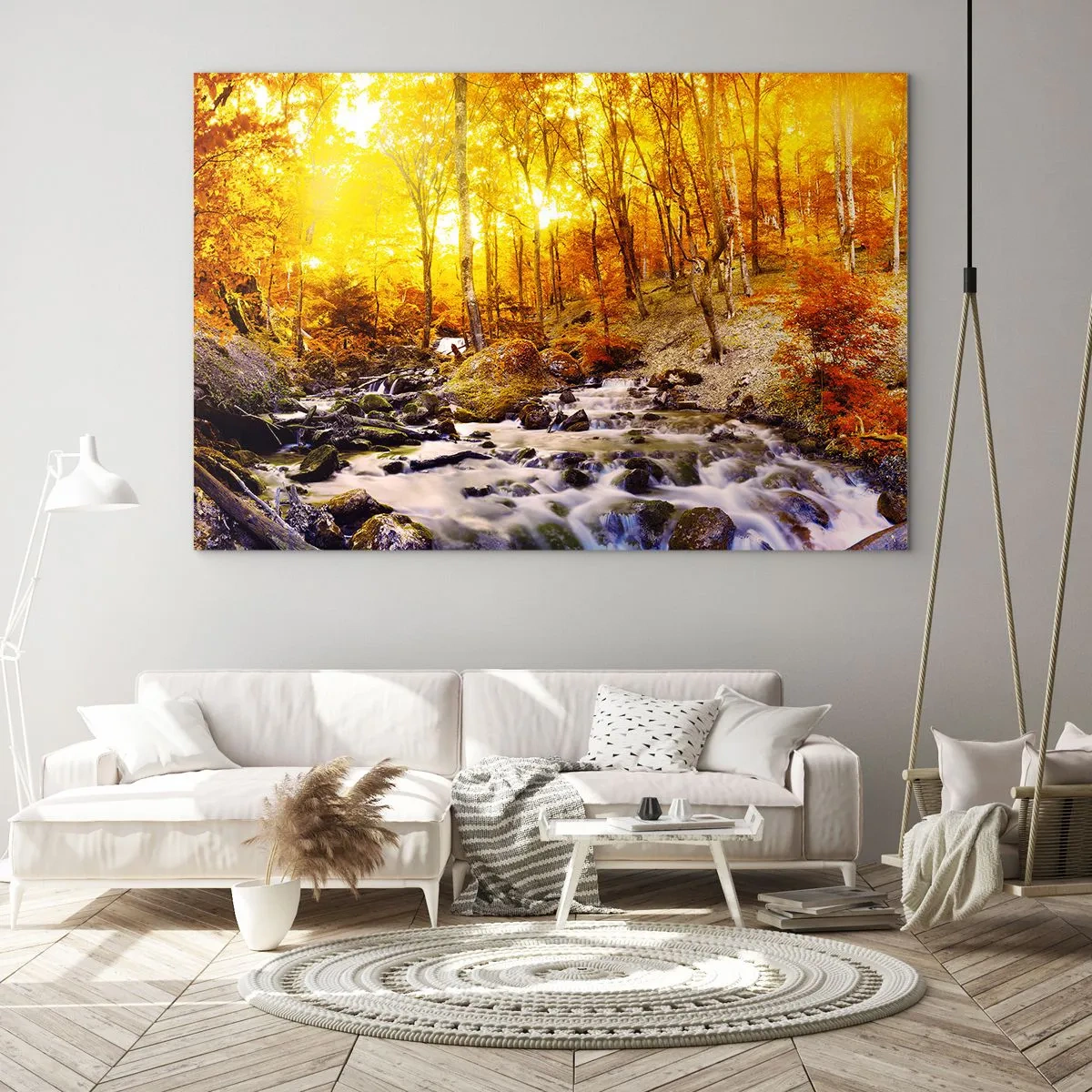 Quadro em vidro - Floresta de outono com um rio sob os raios de luz quente - 70x50cm - Pedras emolduradas em ouro e platina - Decoração de parede moderna para a sala de estar e quarto ARTTOR