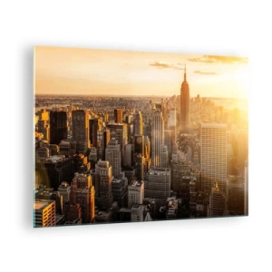 Quadro em vidro - Horizonte da cidade de Nova York ao pôr do sol - 70x50cm - Crescer ao sol - Decoração de parede moderna para a sala de estar e quarto ARTTOR