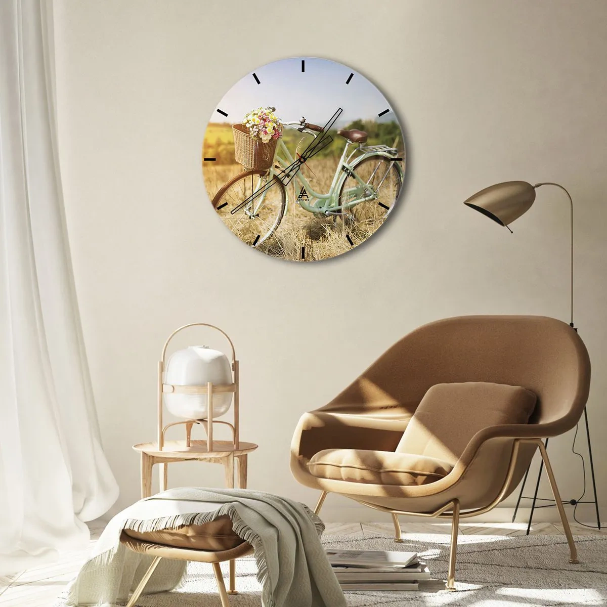 Relógio de parede - Relógio em vidro - Uma bicicleta com uma cesta cheia de flores em um campo em um dia ensolarado - 30x30cm - Vou ficar aqui por um tempo - Decoração de parede moderna para a sala de estar, cozinha e quarto ARTTOR
