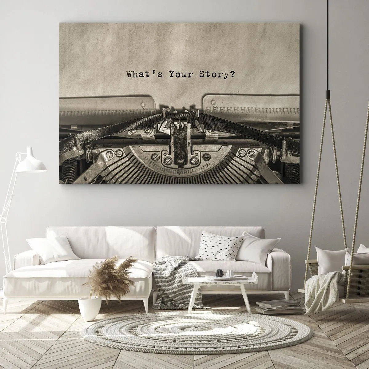 Quadro em tela - Uma máquina de escrever com as palavras Qual é a sua história? - 70x50cm - Conta-me - Decoração de parede moderna para a sala de estar e quarto ARTTOR