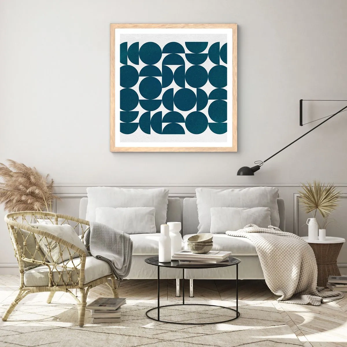 Pôster com moldura de carvalho claro - Círculos e semicírculos - 60x60 cm