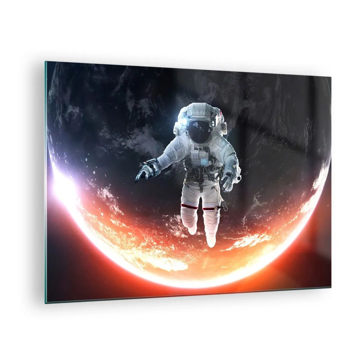 Quadro em vidro - Astronauta no espaço com um planeta ao fundo - 70x50cm - Posso ficar um pouco mais? - Decoração de parede moderna para a sala de estar e quarto ARTTOR