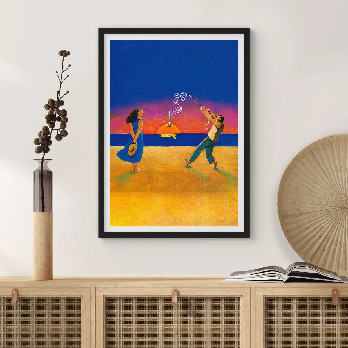 Pôster com moldura preta - Figuras na praia durante o pôr do sol - 50x70cm - Mais do que uma estrela do céu - Decoração de parede moderna para a sala de estar e quarto ARTTOR