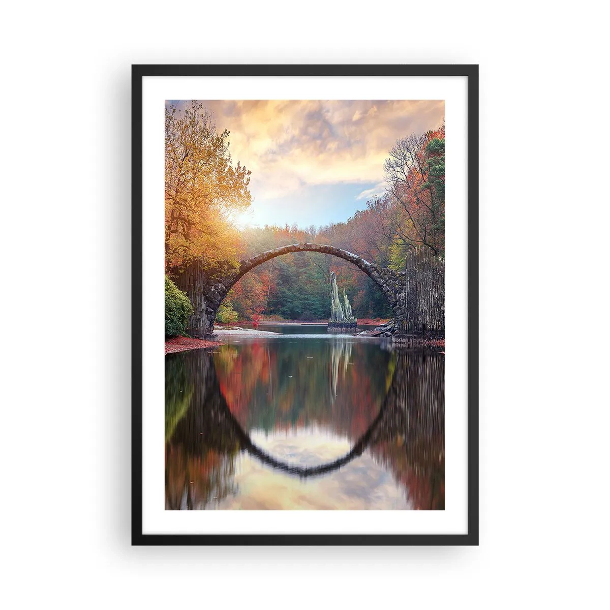 Pôster com moldura preta - Uma ponte de pedra sobre um lago em uma paisagem de outono - 50x70cm - Do outro lado do espelho - Decoração de parede moderna para a sala de estar e quarto ARTTOR