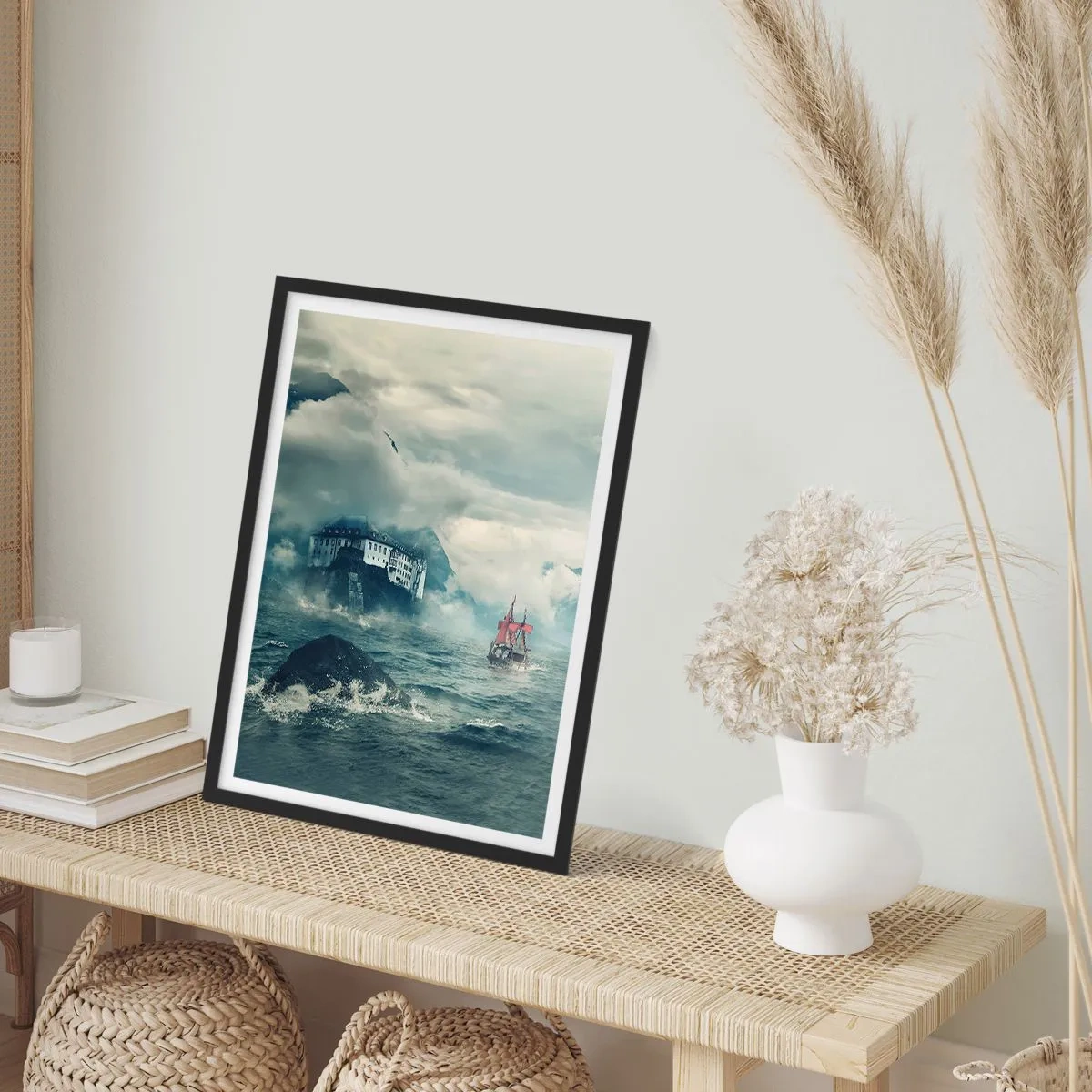 Pôster com moldura preta - Um navio em um mar tempestuoso perto de um castelo no nevoeiro - 50x70cm - Nas águas mágicas - Decoração de parede moderna para a sala de estar e quarto ARTTOR