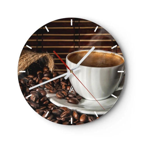 Relógio de parede - Relógio em vidro - Uma xícara de café e grãos espalhados sobre um fundo de bambu - 30x30cm - A escuridão do carvão, a transparência do âmbar - Decoração de parede moderna para a sala de estar, cozinha e quarto ARTTOR