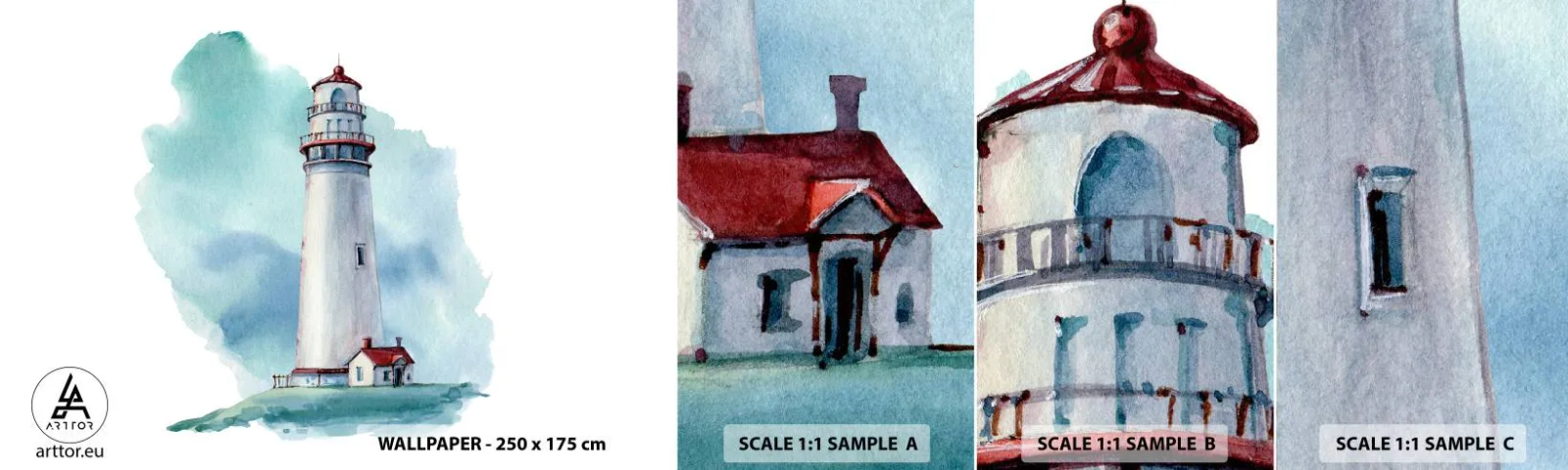 Amostra de Papel de Parede Standard Eco - A gentil irmã do azul - Farol, Beira-mar, Desenho - 100x30 cm