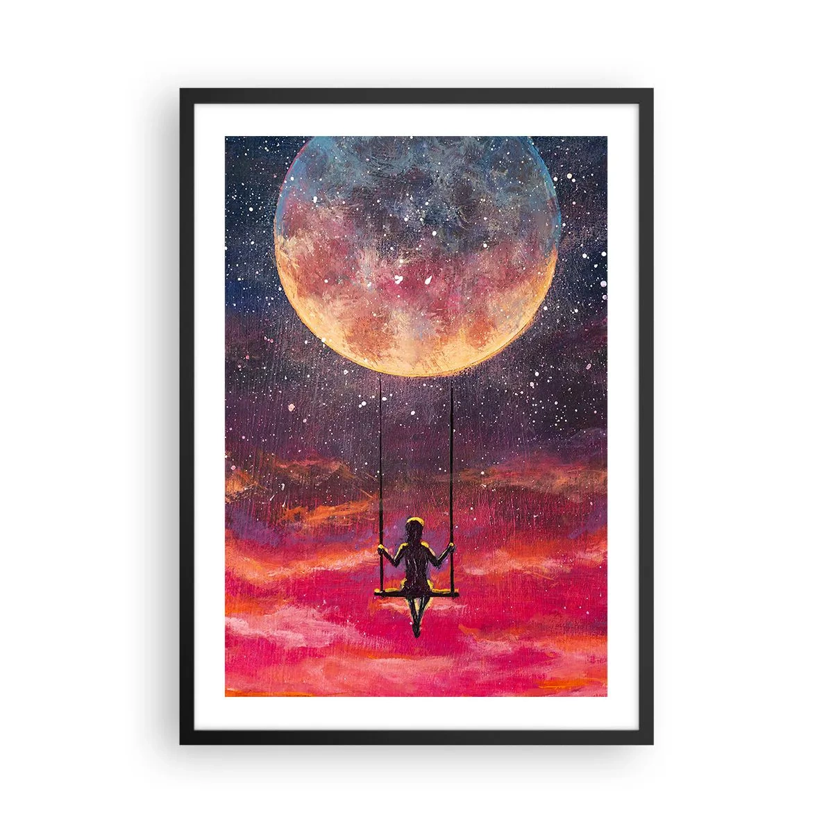 Pôster com moldura preta - Garota em um balanço sob a lua cheia - 50x70cm - Balanço nas nuvens - Decoração de parede moderna para a sala de estar e quarto ARTTOR