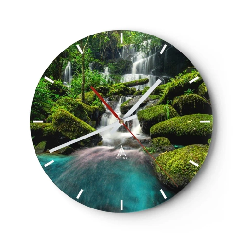 Relógio de parede - Relógio em vidro - Uma cachoeira verde com um lago turquesa cercado por musgo - 30x30cm - Turquesa, safiras e prata líquida - Decoração de parede moderna para a sala de estar, cozinha e quarto ARTTOR