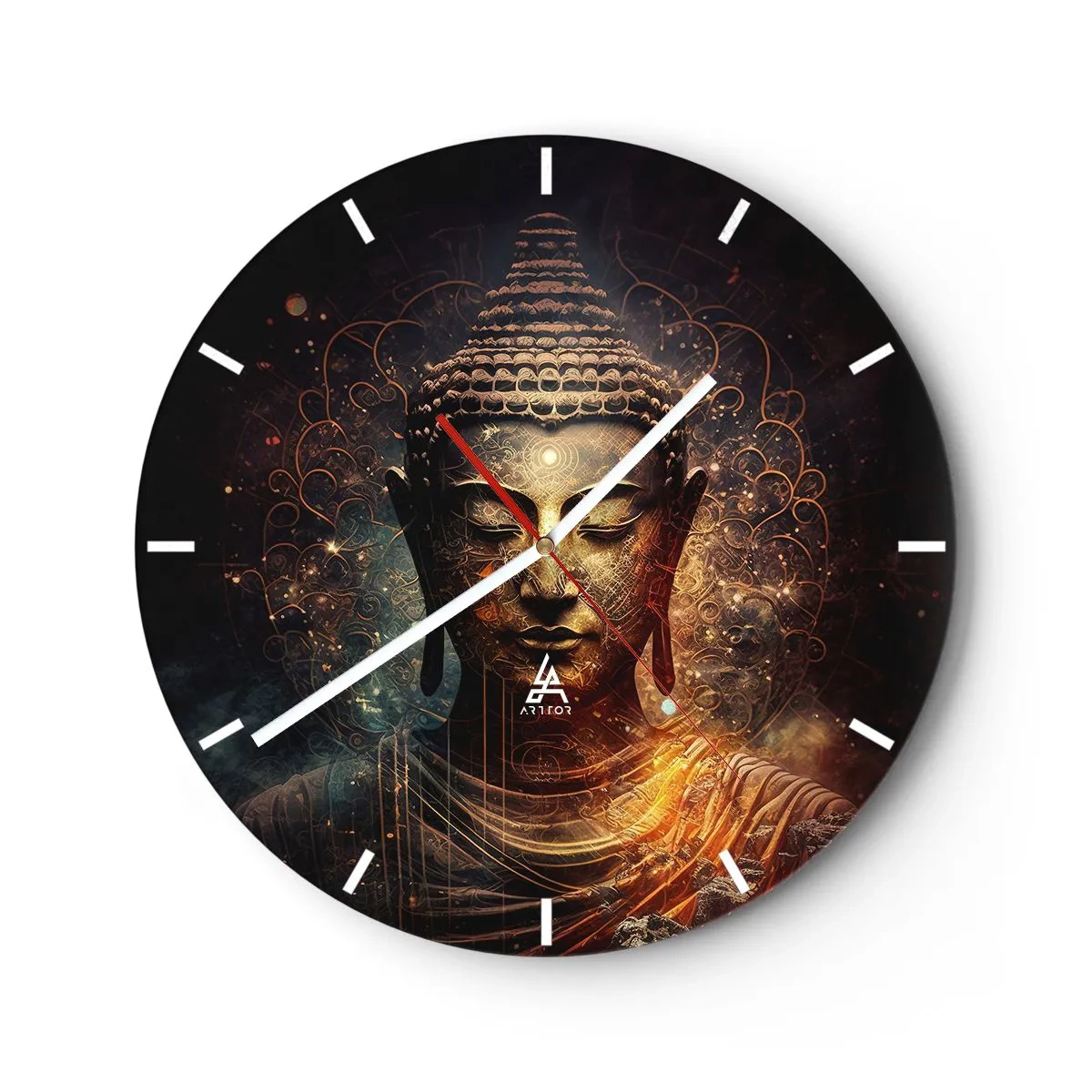 Relógio de parede - Relógio em vidro - Uma imagem dourada de um Buda meditando sobre um fundo escuro - 30x30cm - Equilíbrio espiritual - Decoração de parede moderna para a sala de estar, cozinha e quarto ARTTOR