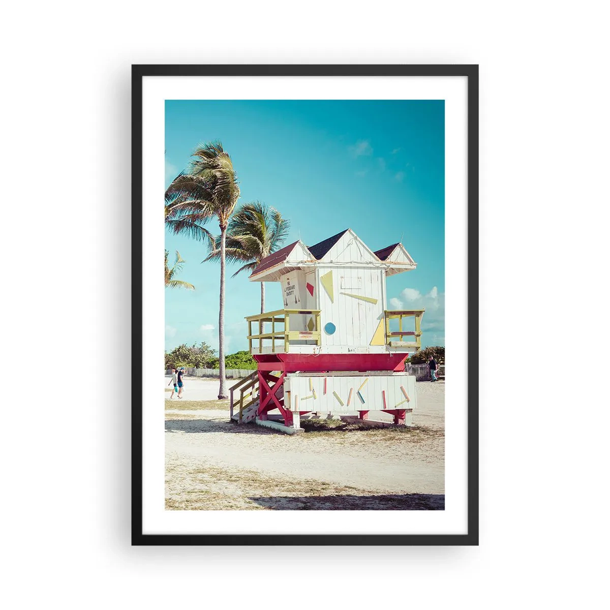 Pôster com moldura preta - Um posto de salva-vidas colorido em uma praia com palmeiras e um céu azul - 50x70cm - Um belo dia pela frente - Decoração de parede moderna para a sala de estar e quarto ARTTOR