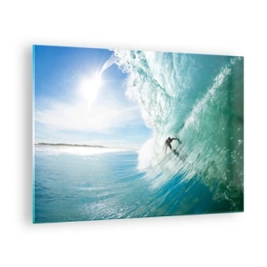 Quadro em vidro - Um surfista pegando uma onda contra um céu azul - 70x50cm - Na crista da onda - Decoração de parede moderna para a sala de estar e quarto ARTTOR