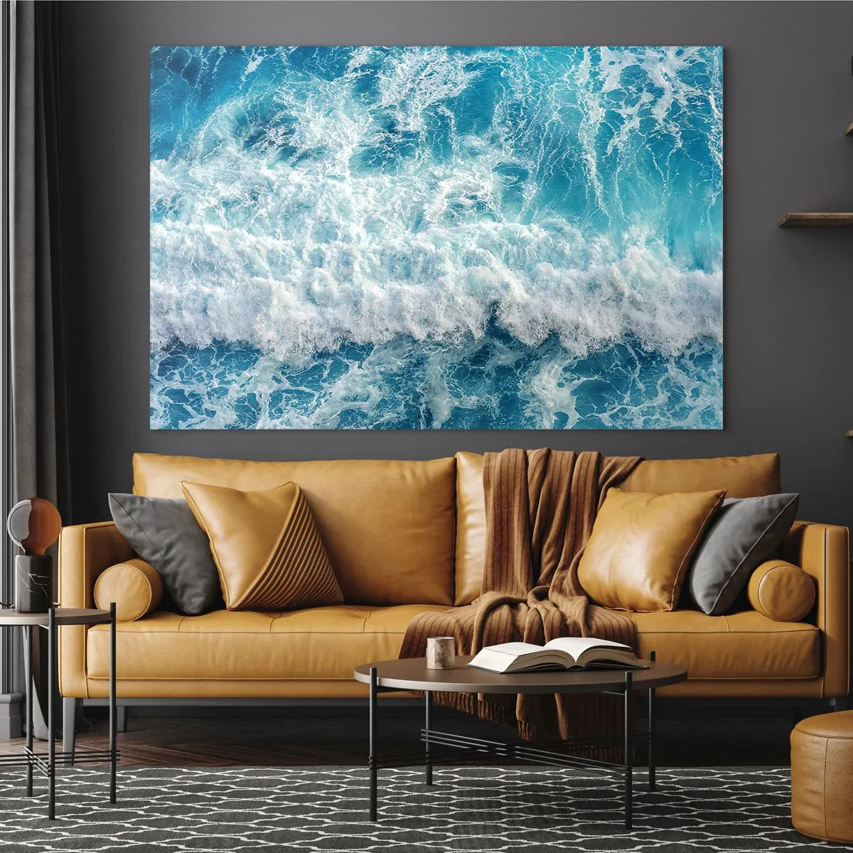 Quadro em vidro - Ondas azuis quebrando na costa - 70x50cm - Alegremente e aos saltos - Decoração de parede moderna para a sala de estar e quarto ARTTOR