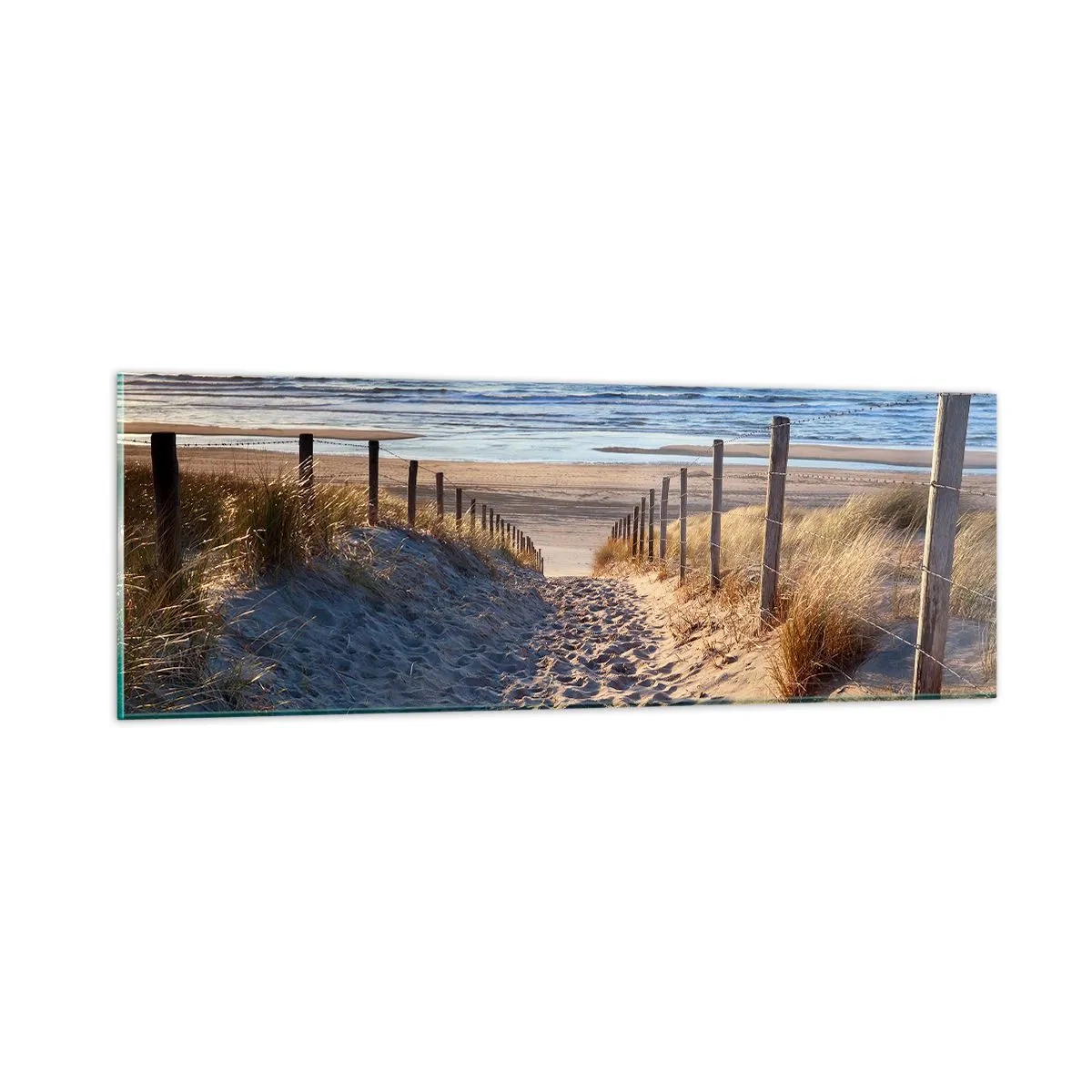 Quadro em vidro - O som do mar, o canto dos pássaros, a praia selvagem entre a relva... - 90x30 cm