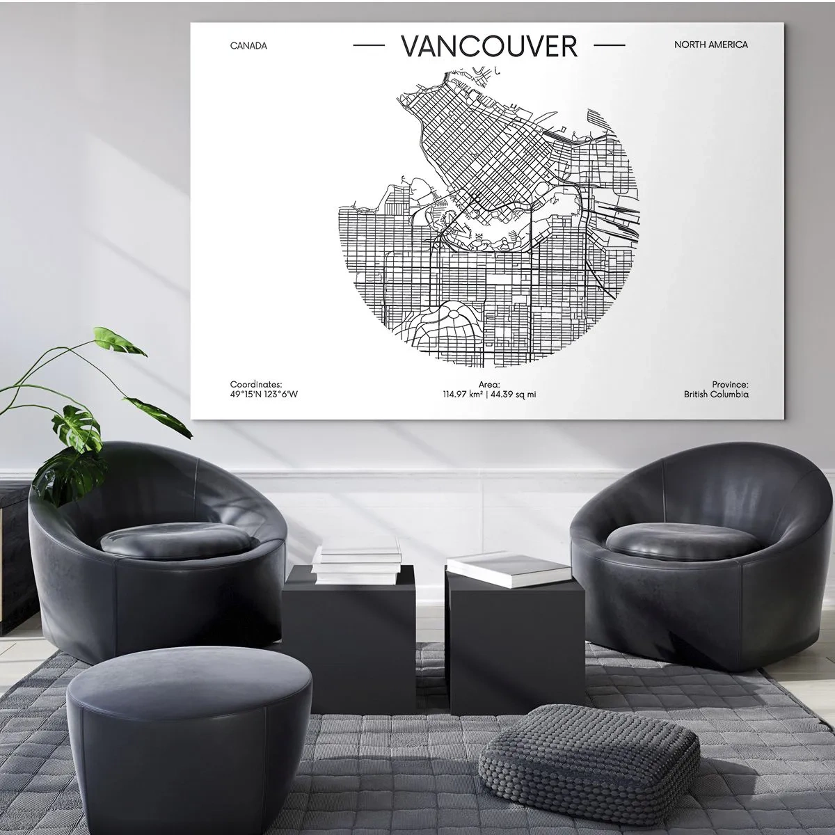 Quadro em vidro - Mapa de ruas em preto e branco de Vancouver - 70x50cm - Anatomia de Vacouver - Decoração de parede moderna para a sala de estar e quarto ARTTOR