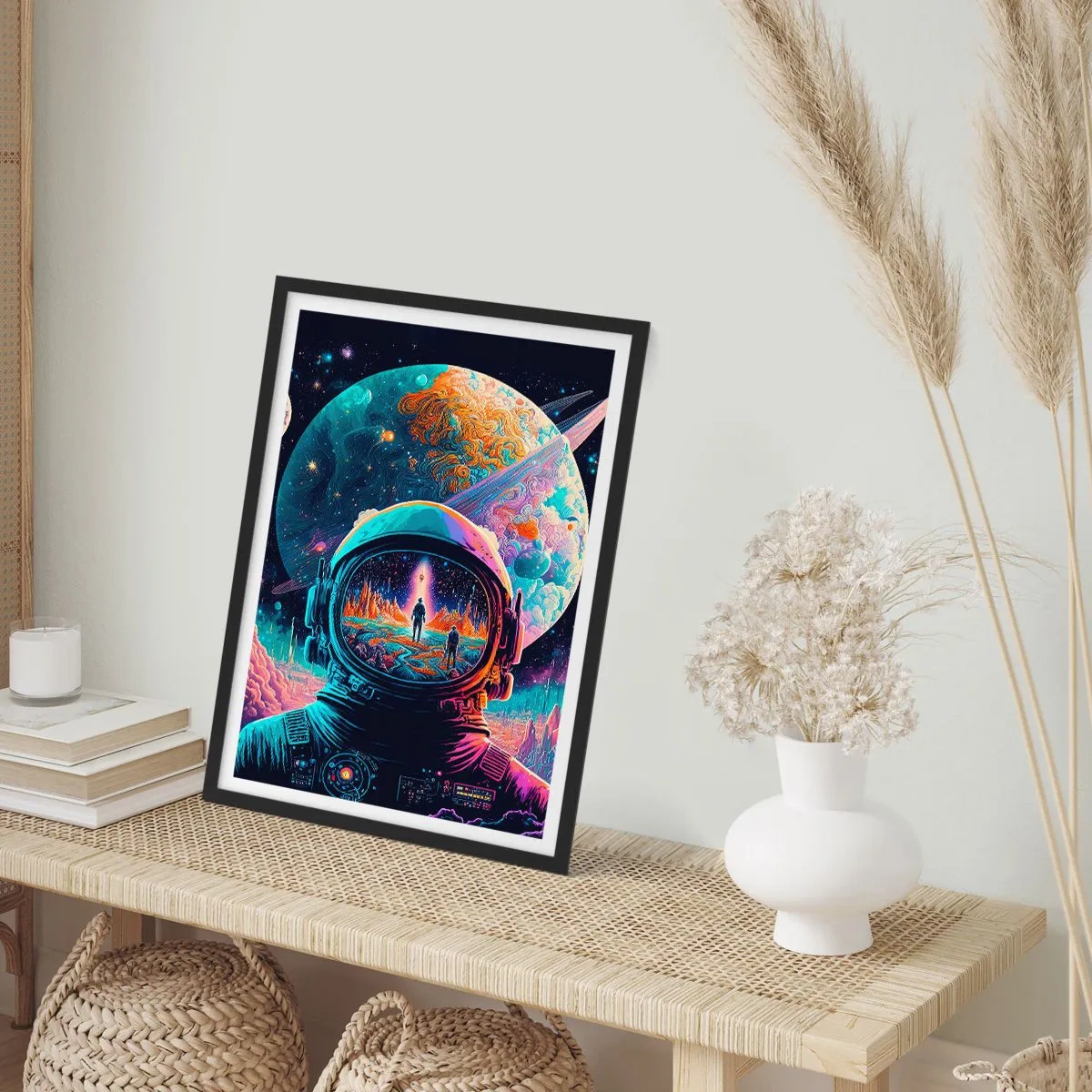 Pôster com moldura preta - Astronauta tendo como pano de fundo uma paisagem cósmica - 50x70cm - Os filósofos não sonharam com isso - Decoração de parede moderna para a sala de estar e quarto ARTTOR