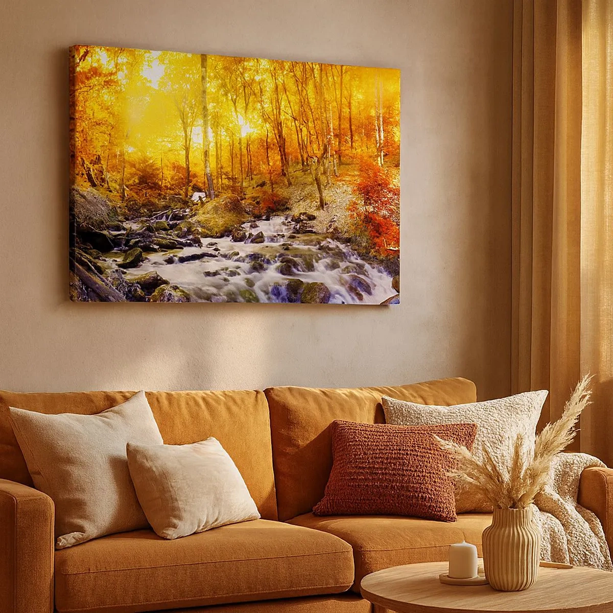 Quadro em tela - Floresta de outono com um riacho entre folhas douradas - 70x50cm - Pedras emolduradas em ouro e platina - Decoração de parede moderna para a sala de estar e quarto ARTTOR