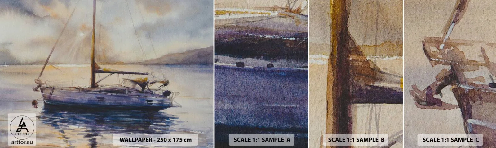 Amostra de papel de parede autocolante Deluxe Sticker - Noite na baía - Barco a vela, pescaria, Beira-mar - 100x30 cm