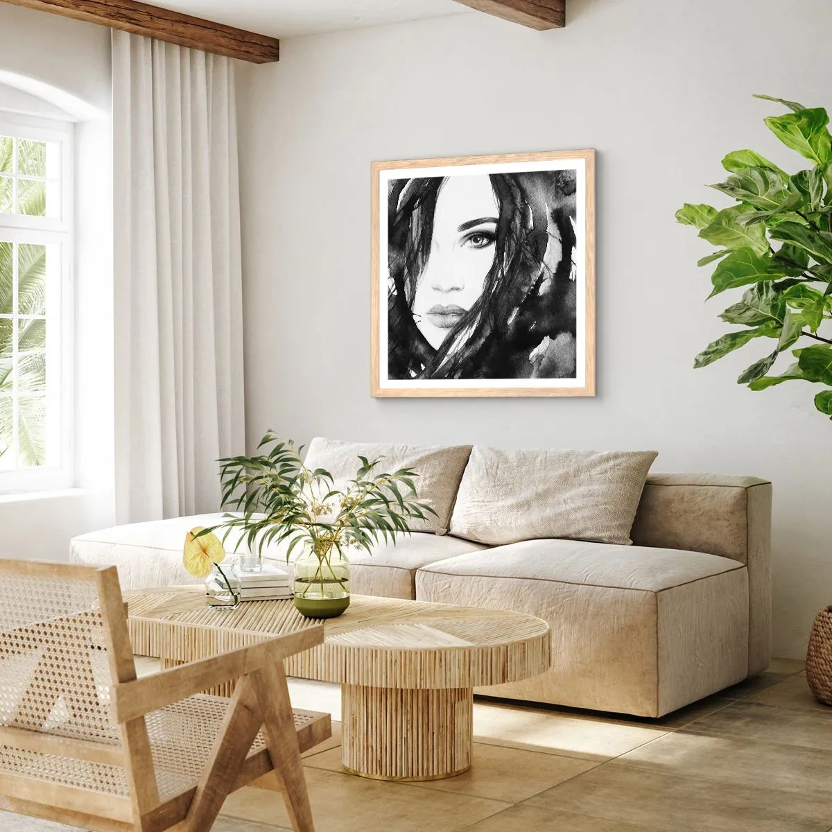 Pôster com moldura de carvalho claro - Retrato de uma dama a preto e branco - 30x30 cm