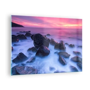 Quadro em vidro - Ondas quebrando nas rochas ao pôr do sol - 70x50cm - Nascimento em brilho e nevoeiro - Decoração de parede moderna para a sala de estar e quarto ARTTOR