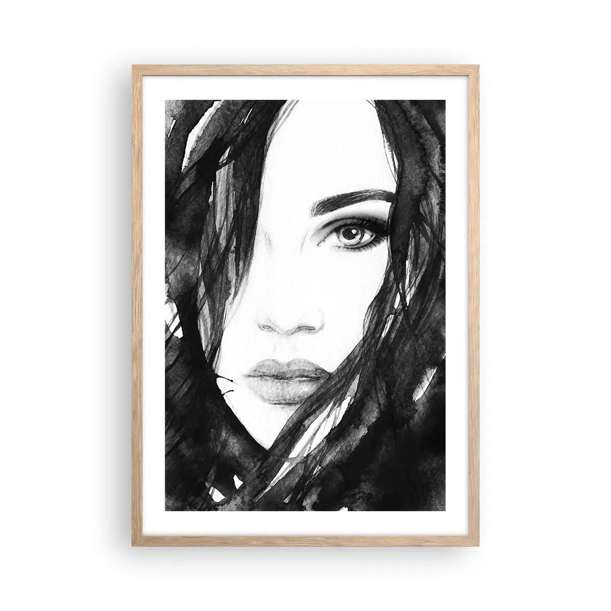 Pôster com moldura de carvalho claro - Retrato de uma dama a preto e branco - 50x70 cm