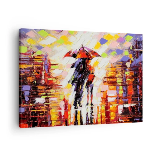 Quadro em tela - Uma cena abstrata de uma caminhada sob um guarda-chuva em uma noite chuvosa. - 70x50cm - Juntos durante a noite e a chuva - Decoração de parede moderna para a sala de estar e quarto ARTTOR