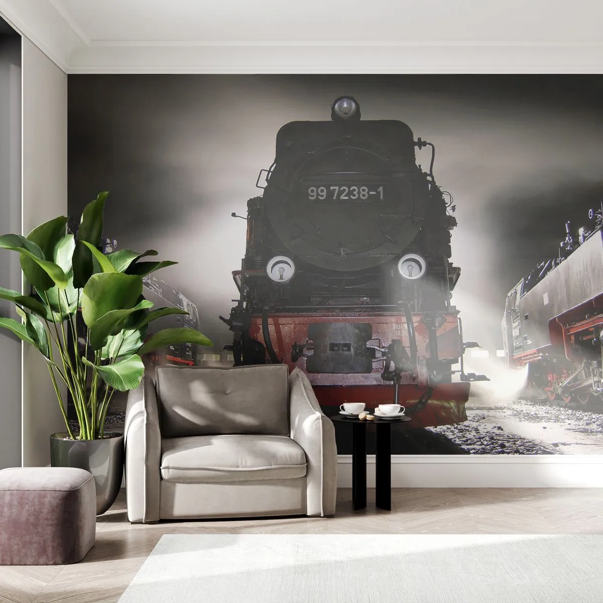 Papel de Parede Autocolante Deluxe Sticker - Fica de pé e ofega, arfa e assopra - Locomotiva a vapor, Estação Ferroviária, Automotivo - 250x175 cm