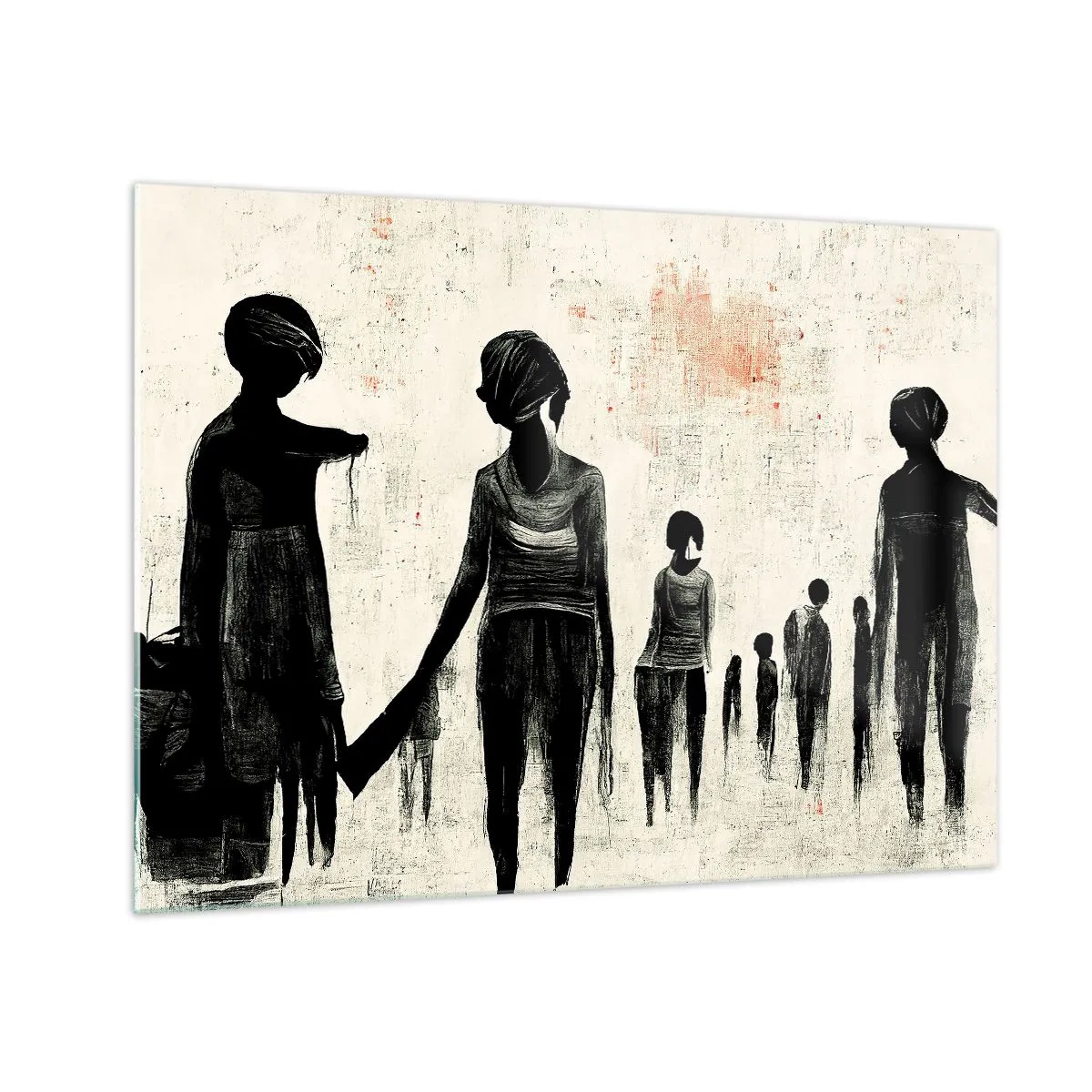 Quadro em vidro - Figuras pretas em movimento sobre fundo claro com textura vermelha - 70x50cm - Contra a solidão - Decoração de parede moderna para a sala de estar e quarto ARTTOR