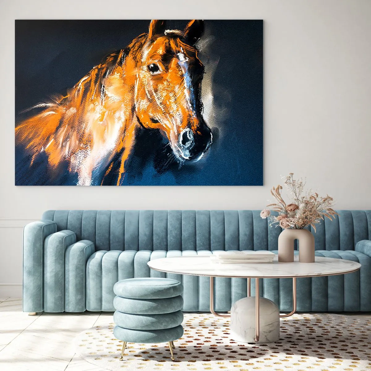 Quadro em vidro - Retrato de um cavalo em tons intensos de marrom sobre um fundo escuro - 70x50cm - E então, vai? - Decoração de parede moderna para a sala de estar e quarto ARTTOR